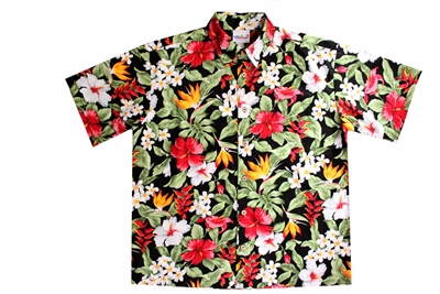 Hawaii Tropical Garden shirt is a black mens Hawaiian shirt with a vividly colored floral all-over print