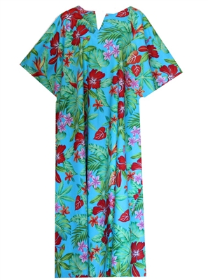 Beautiful floral mid-calf length turquoise kaftan dress with hibiscus and plumeria flowers in a very comfortable one-size fits all style.