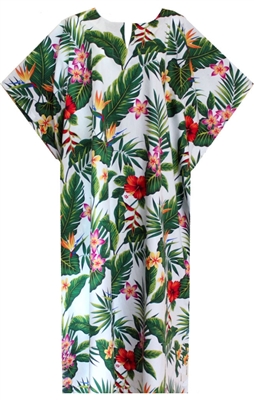 Womens mid-calf length white Hawaiian print kaftan with a variety of multicolor tropical flowers and foliage