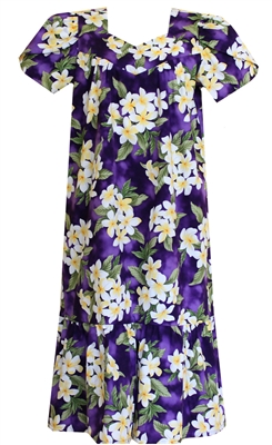 Wave Shoppe Mid-Calf White Plumeria Purple Muumuu