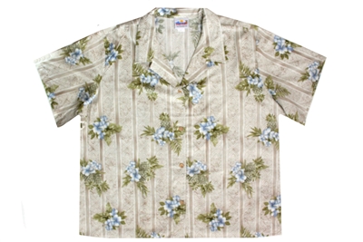 Womens sage colored rayon Hawaiian shirt with smaller white and blue hibiscus flowers in a allover print