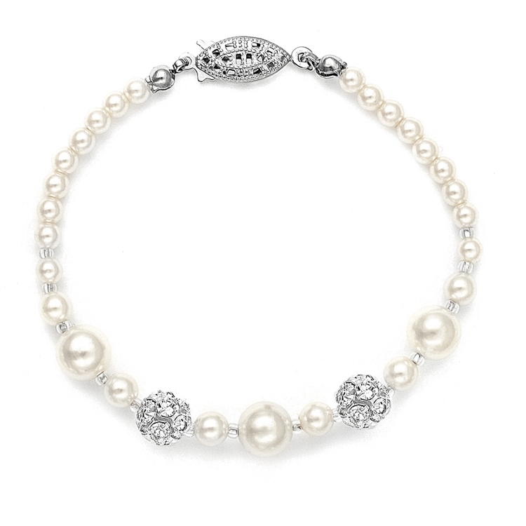 Petite Junior Size Ivory Pearl Bracelet with Rhinestone Fireballs<br>1125B-I-SM-6