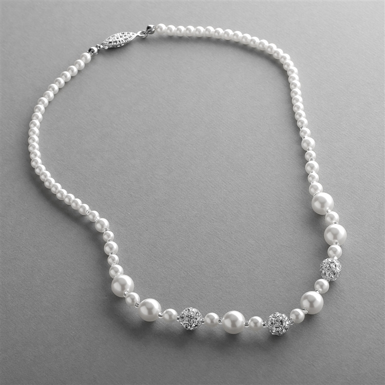 Dainty Wedding Necklace with Pearls & Rhinestone Fireballs - White<br>1125N-W-S