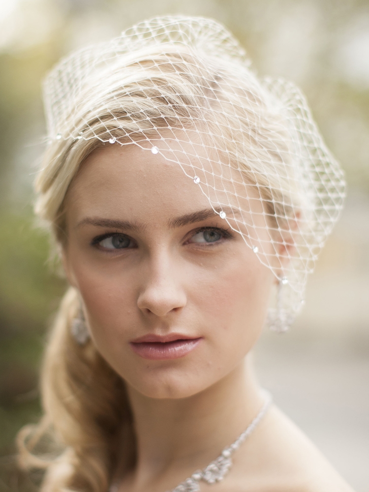 White French Net Bridal Birdcage Blusher Visor Veil with Crystals<br>123V-W