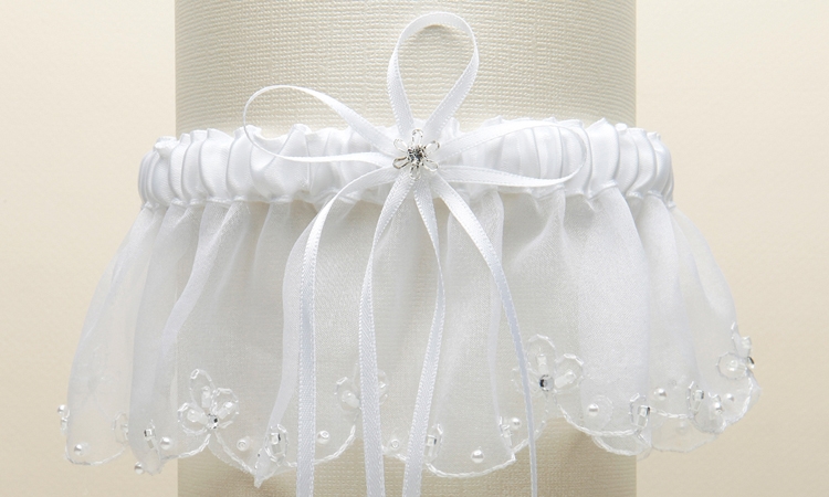 Organza Bridal Garters with Pearls and Chain Edging - White<br>1255G-W-W