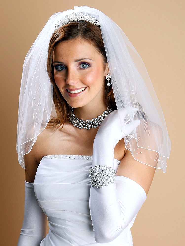 2-Row Pencil Edge Ivory Bridal or Flower Girl Veil with Scattered Pearls & Sequins<br>1548V-I