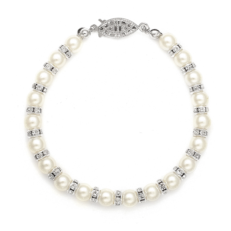 Alternating Pearl and Rondelle Wedding Bracelet - White<br>189B-W-S