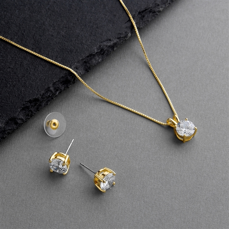 14K Gold Plated CZ Pendant Necklace and Stud Earrings Set<br>2002S-EP-G