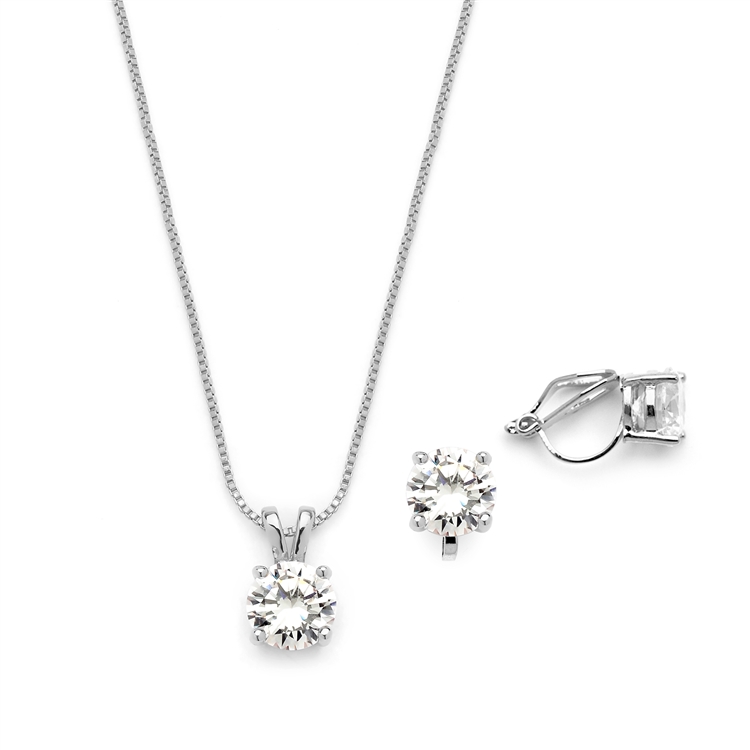 Rhodium Plated CZ Pendant Necklace and Clip-On Earrings Set<br>2002S-S