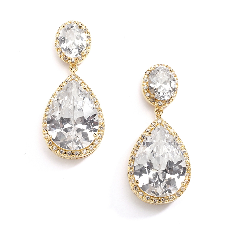 Best-Selling Cubic Zirconia 14K Gold Plated Pear-Shaped Bridal Earrings with Clip Back<br>2074EC-G