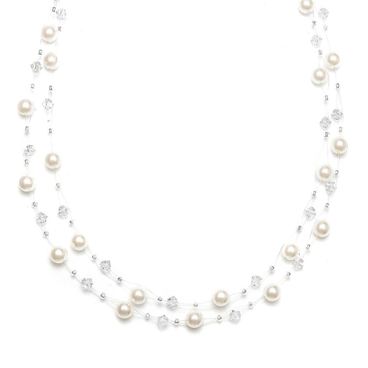 2-Row Pearl & Crystal Bridal Illusion Necklace<br>235N