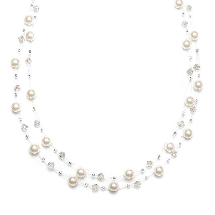 Pearl & Crystal Bridal or Bridesmaids Illusion Necklace - Honey<br>235N-HO-S