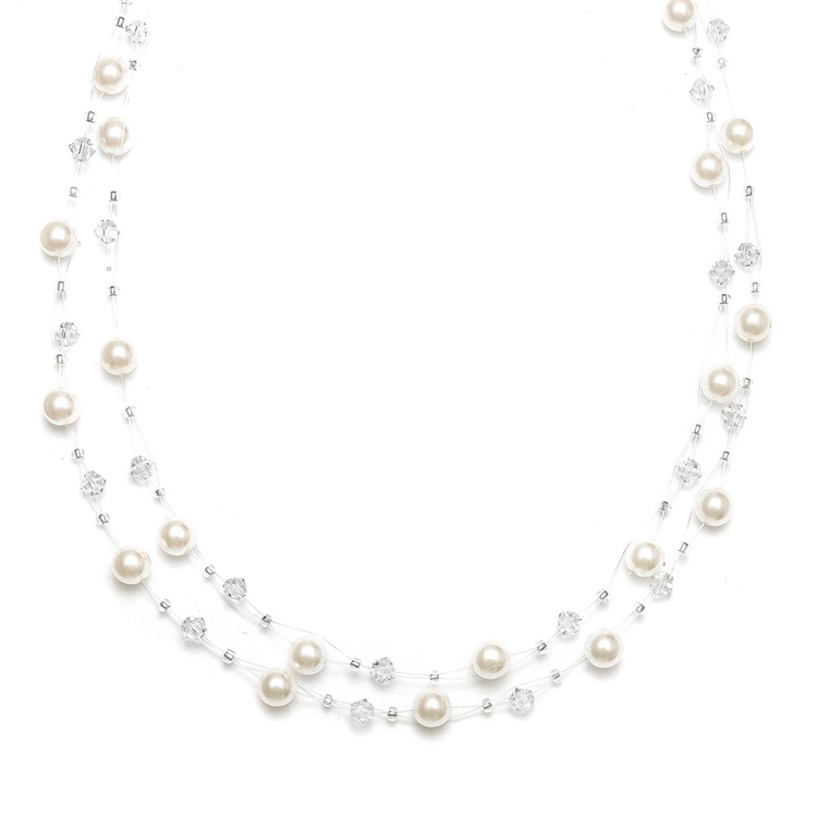 2-Row Pearl & Iridescent AB Crystal Bridal Illusion Necklace - Ivory/AB<br>235N-I-AB-S