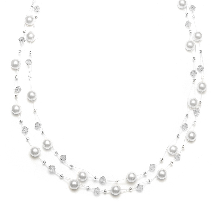 2-Row Pearl & Crystal Bridal Illusion Necklace - White<br>235N-W-CR-S