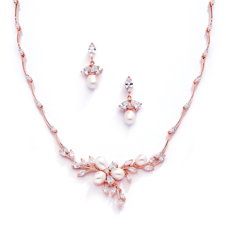 Rose Gold and Freshwater Pearls in CZ Leaves Neck Set<br>3041S-RG