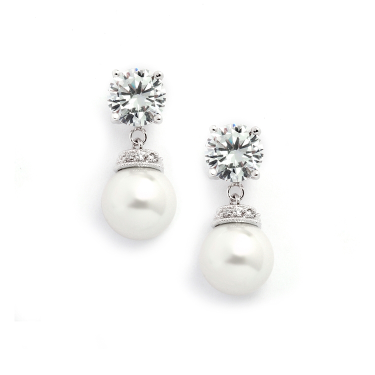 Round CZ Wedding Earrings with Bold Pearl<br>3044E
