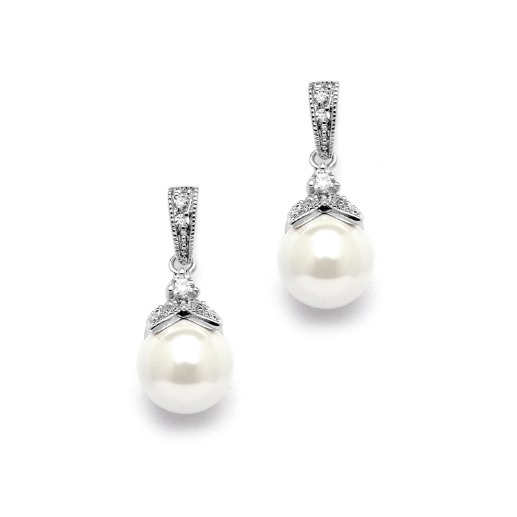 Light Ivory Pearl Drop Wedding Earrings with Vintage CZ<br>3045E-S