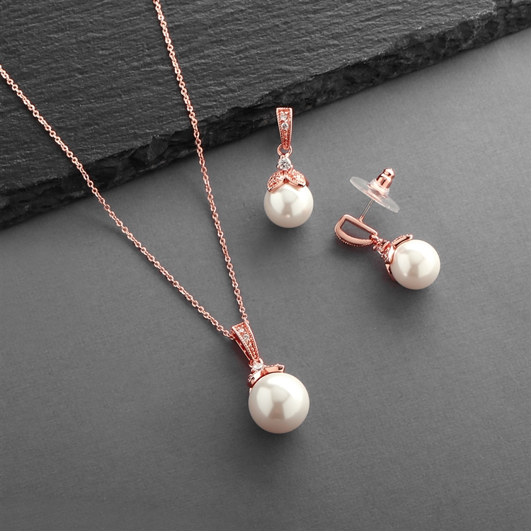 Rose Gold Pearl Drop Necklace Set with Vintage CZ<br>3045S-RG