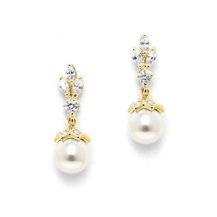 14K Gold Plated CZ Marquis Trio Earrings with Pearl Drop<br>304E-G