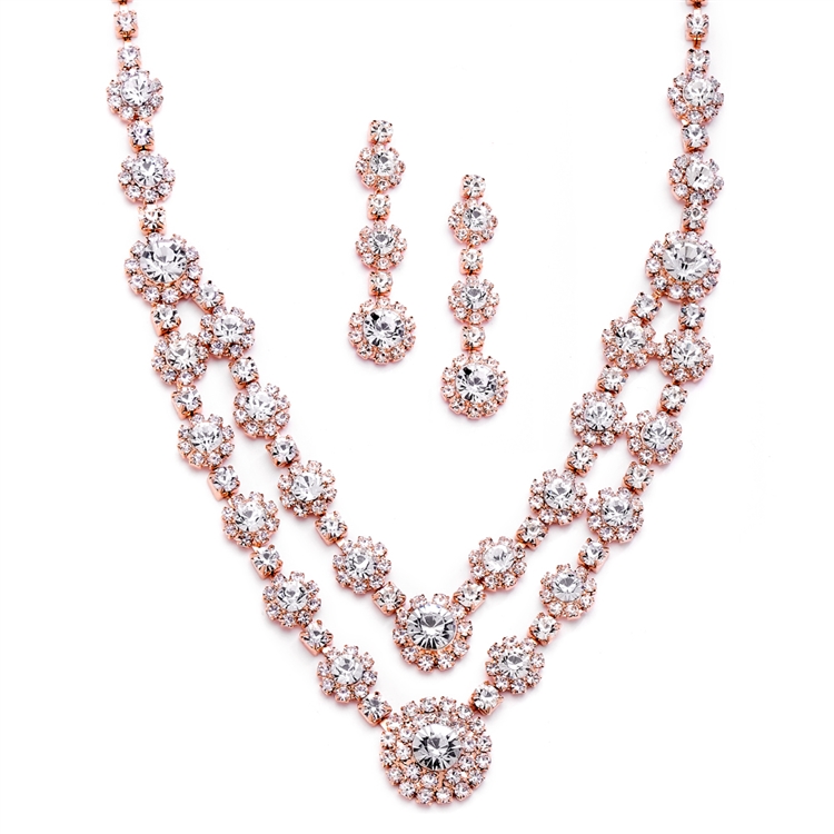 Best Selling Regal Rose Gold Two Row Rhinestone Necklace & Earrings Set<br>3228S-CR-RG