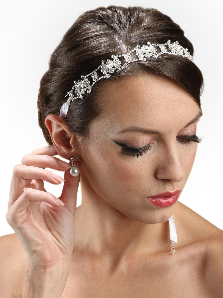 Swarovski Crystal Bridal Headband with White Ribbon<br>3324HB-W