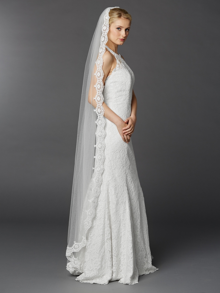 Floor or Chapel Length Wedding Mantilla Veil with Lace<br>3325V-W