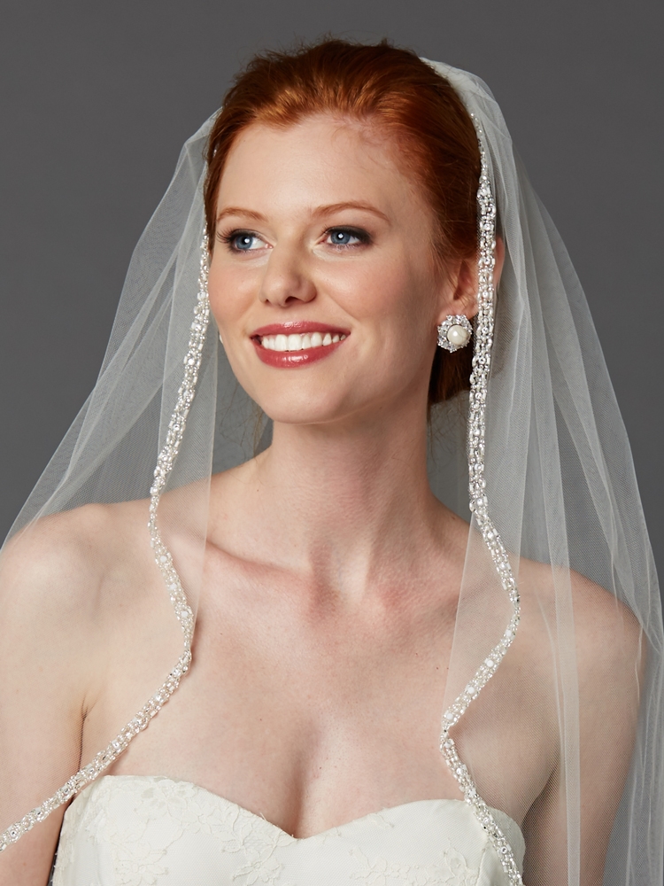 Rhinestone Edge Fingertip Wedding Veil with Pearls, Beads & Crystals - Ivory<br>3327V-I