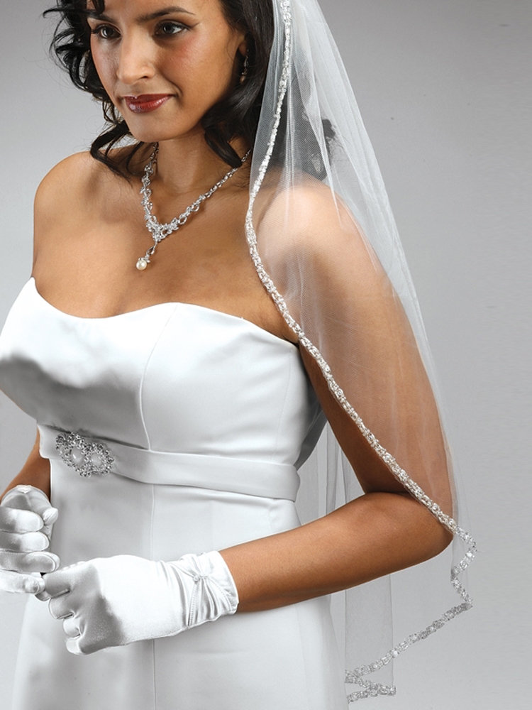 Rhinestone Edge Wedding Veil with Pearls & Beads - White<br>3327V-W