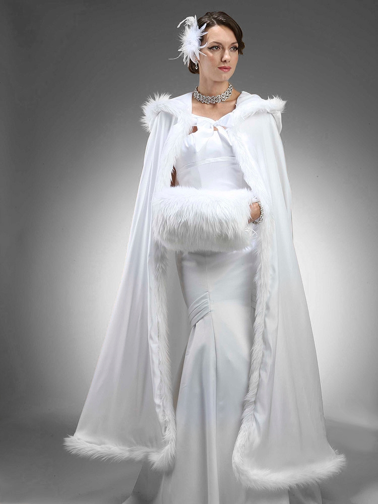 Full Length Hooded Satin Bridal Cloak in White with Faux Angora Trim<br>3368CL-W