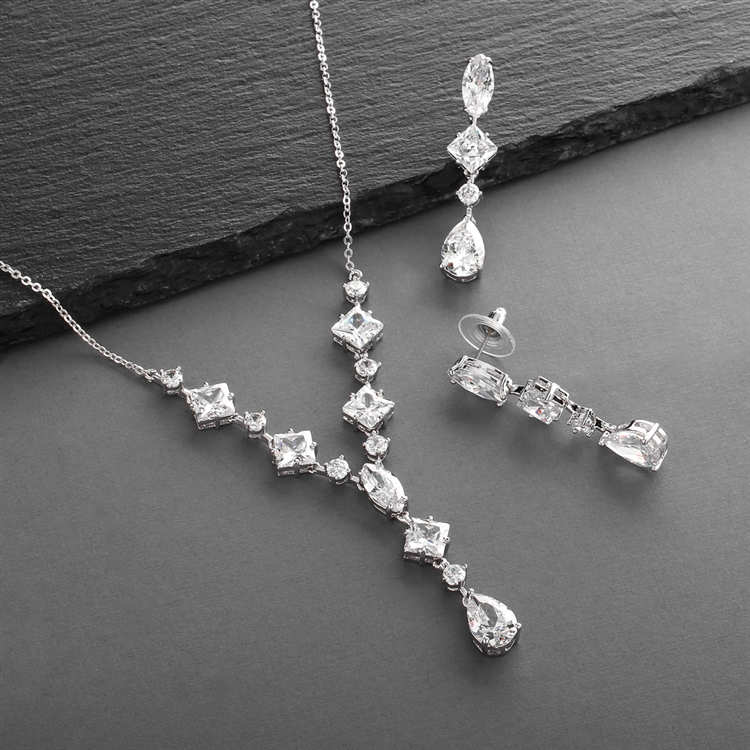 Glamorous Mixed CZ Wedding Necklace & Earrings Set for Brides<br>3564S