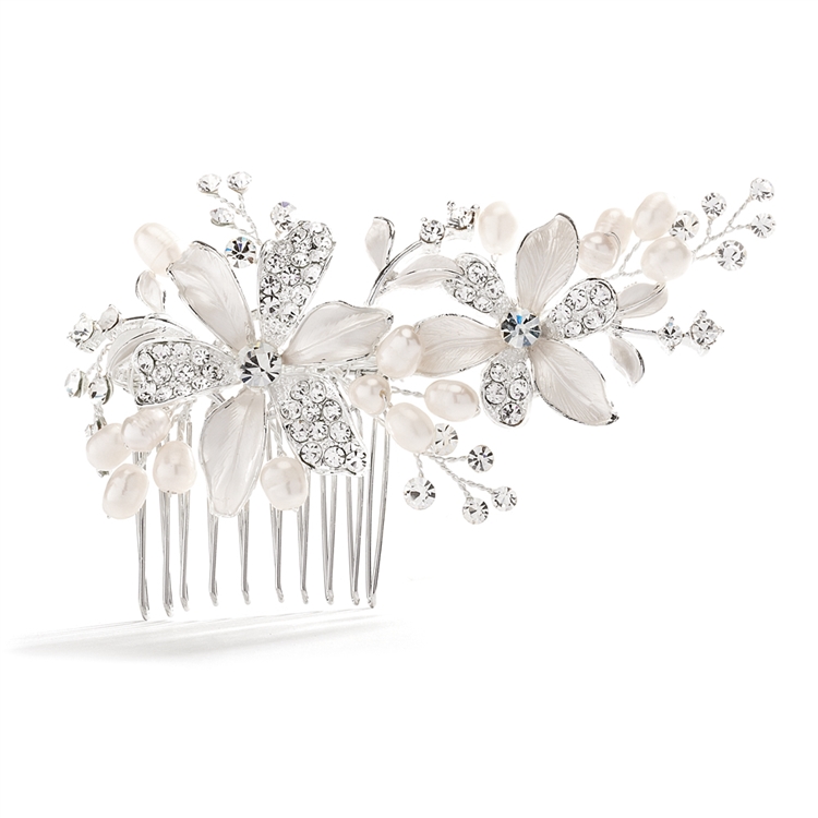 Brushed Silver Floral Wedding Comb with Freshwater Pearls & Crystals<br>3578HC