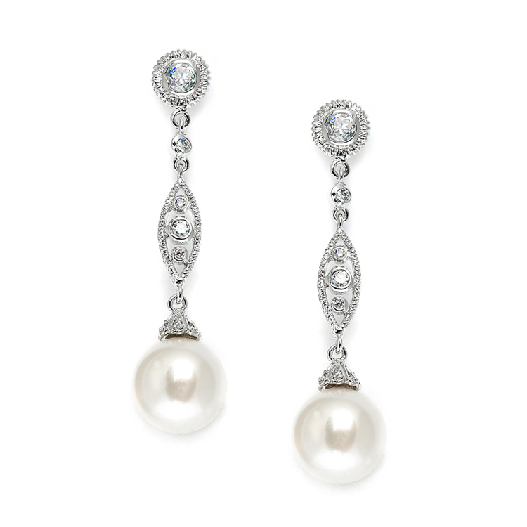 Dangle Wedding Earrings with CZ Filigree & Bold Pearl<br>3625E