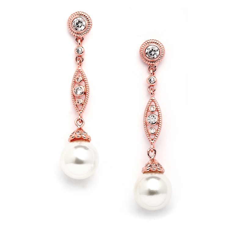 Rose Gold Dangle Wedding Earrings with CZ Filigree & Bold Pearl<br>3625E-RG