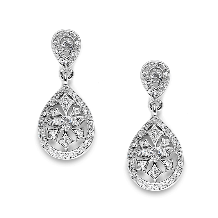 Vintage Etched CZ Wedding or Bridesmaids Drop Earrings<br>3649E