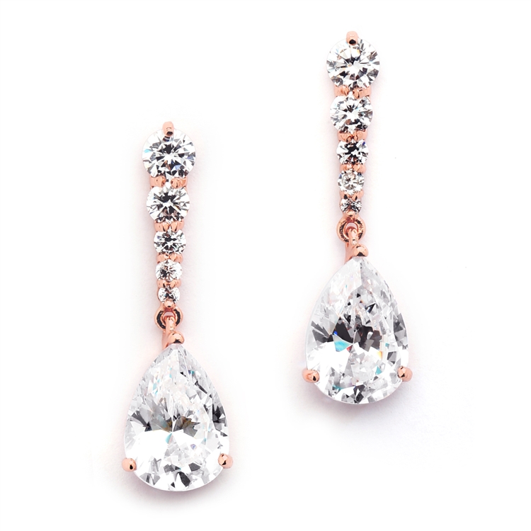 Rose Gold Cubic Zirconia Pears Dangle Earrings with Graduated Top<br>3677E-RG