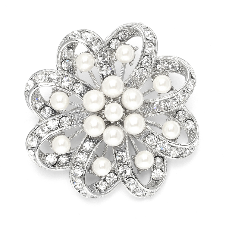 Regal Crystal & Pearl Swirl Vintage Wedding Brooch<br>3714P