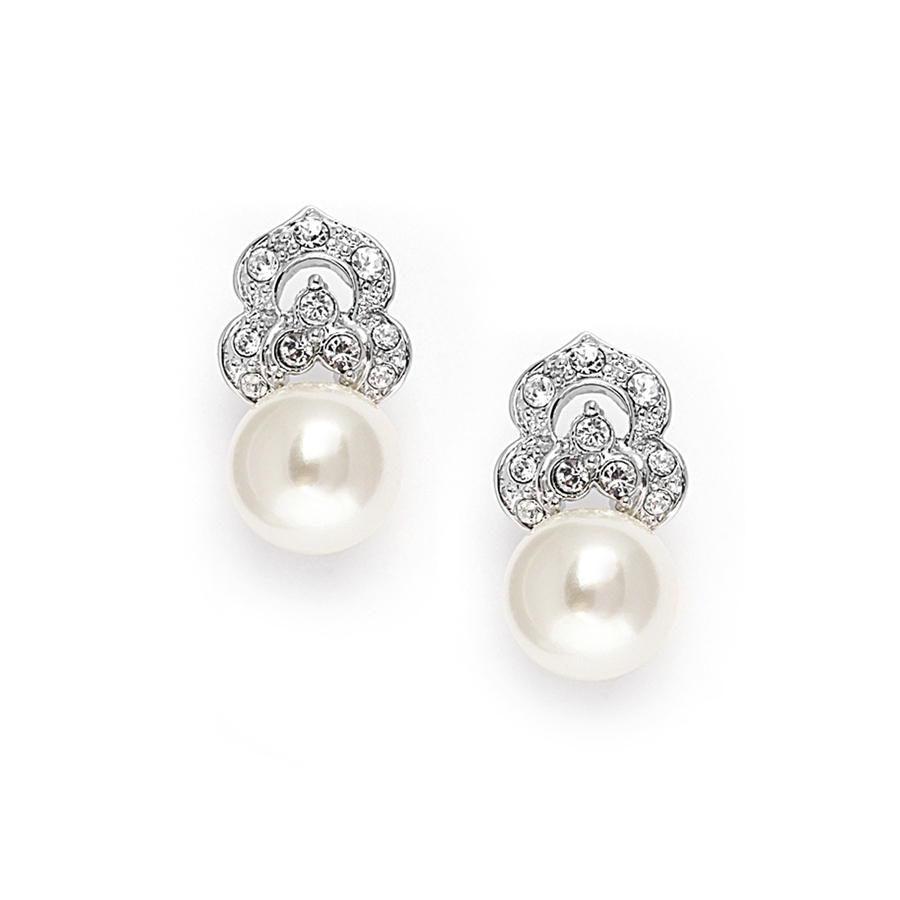 Cubic Zirconia & Soft Cream Pearl Vintage Wedding Earrings<br>3827E