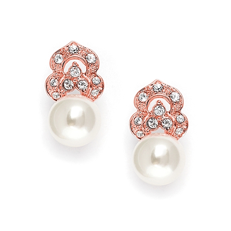 Cubic Zirconia & Soft Cream Pearl Vintage Wedding Earrings in Rose Gold<br>3827E-RG