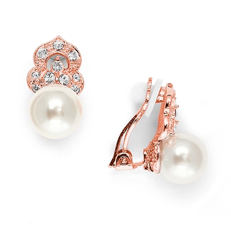 Cubic Zirconia & Soft Cream Pearl Vintage Wedding Earrings in Rose Gold<br>3827EC-RG