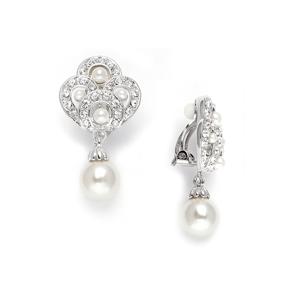 Art Deco Clip-On Wedding Earrings in Cubic Zirconia & Pearl<br>3830EC