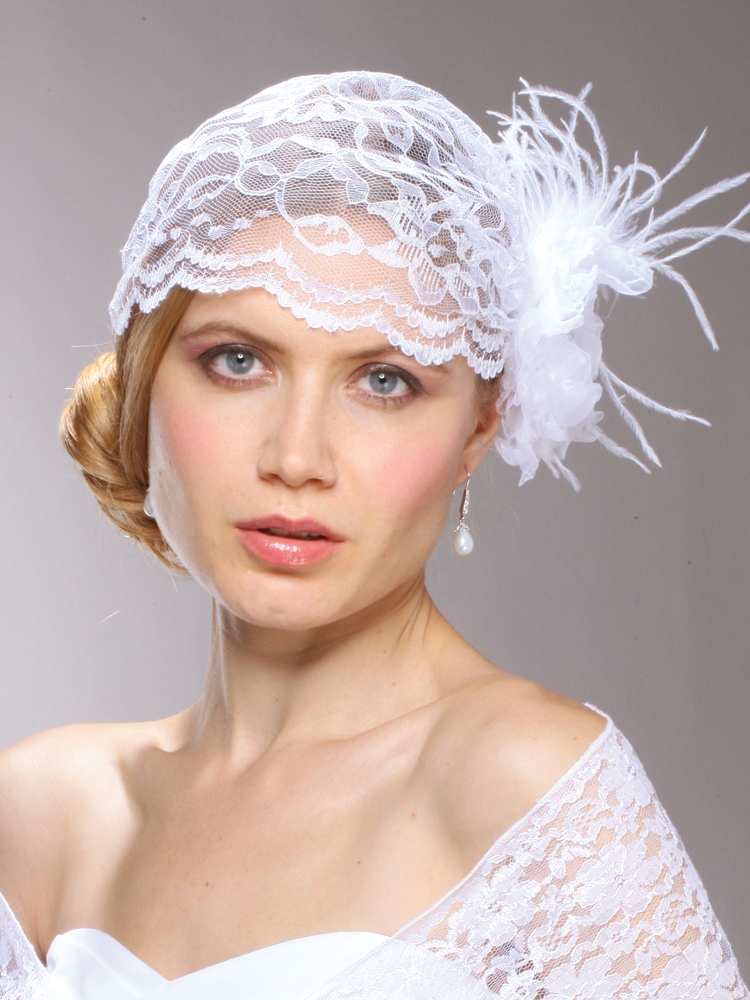 Juliet Bridal Cap with White Lace, Organza Hair Clip<br>3902V-W