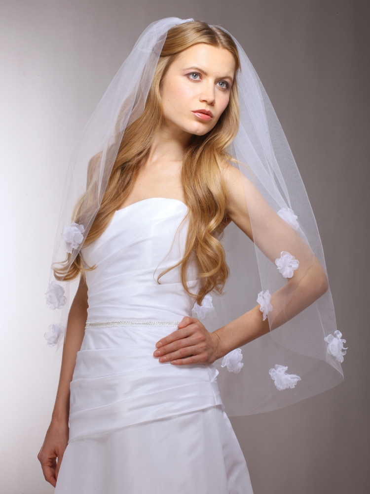 Hand-made Organza Flowers Designer Bridal Veil<br>3927V