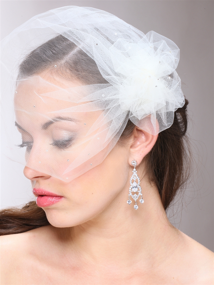 White Tulle Birdcage Veil with Side Pouf & Swarovski Crystals<br>3931V-W