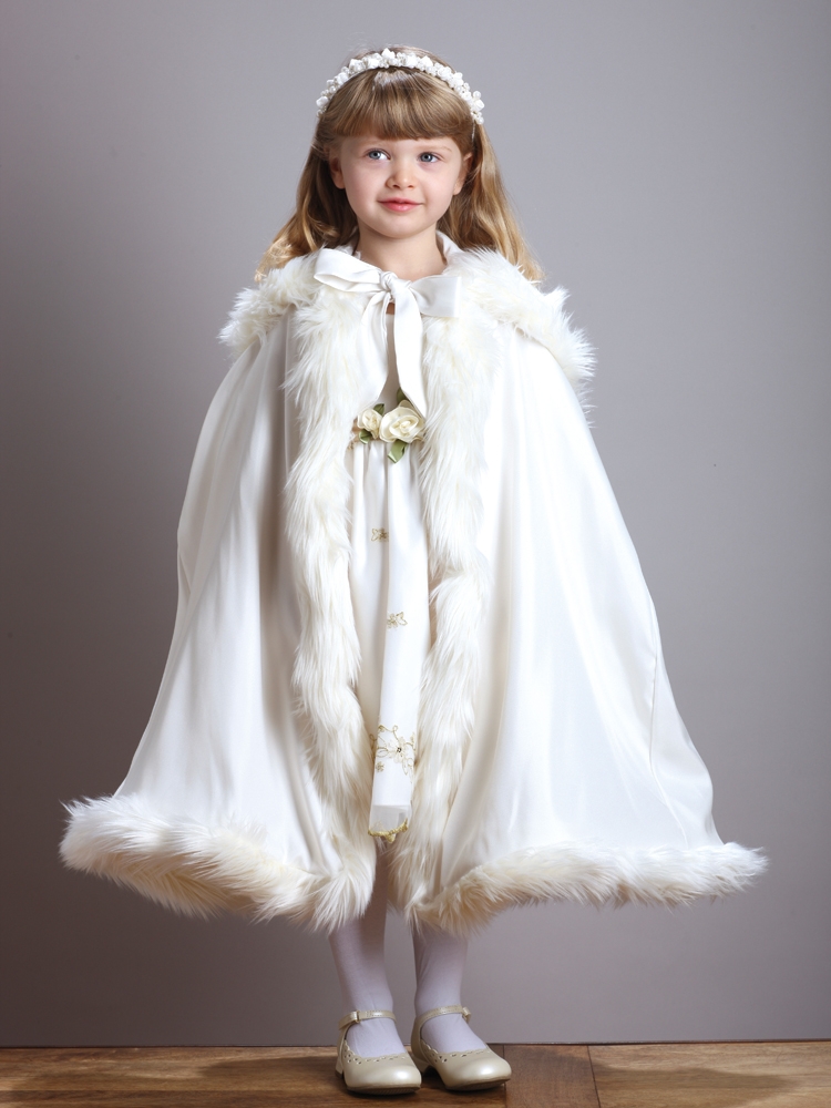 Children's Ivory Hooded Satin  Cloak with Faux Fur Trim<br>3940CL-I