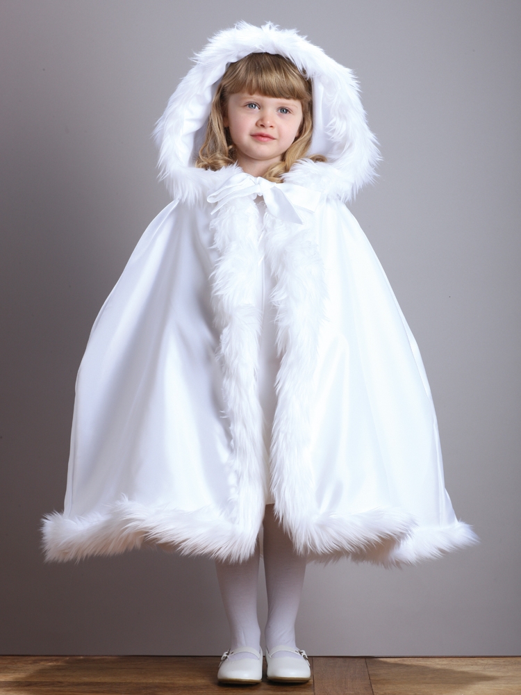 Hooded Children's White Satin Wedding Cloak with Faux Fur Trim<br>3940CL-W