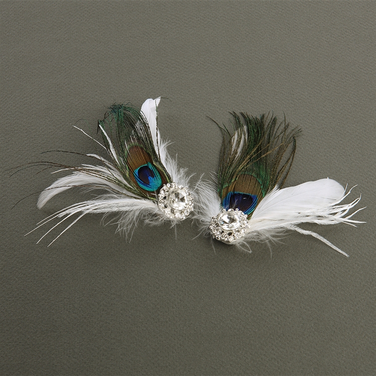 Gatsby Style Peacock Feather - White Marabou Shoe Clips with Crystal<br>3957SC-W