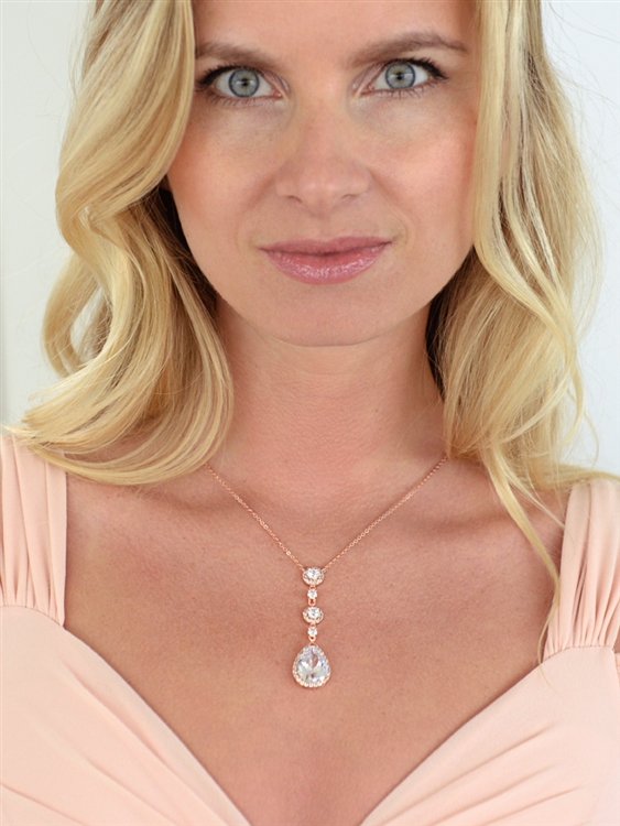 Stunning Linear Rose Gold Bridal Necklace with Pear-shaped CZ Drop<br>400N-RG