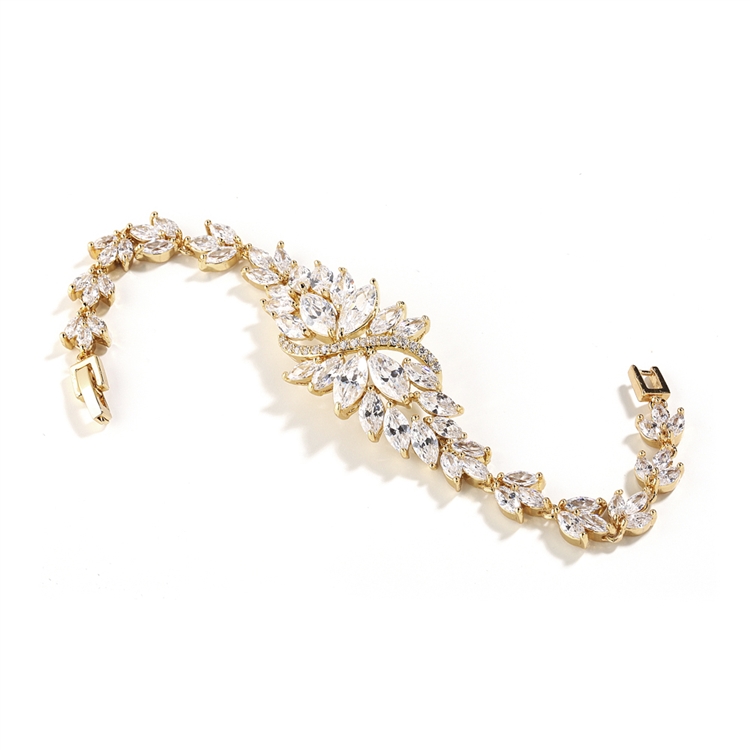 Cubic Zirconia Cluster Gold Bridal Bracelet with Dainty Marquis Stones<br>4014B-G-7