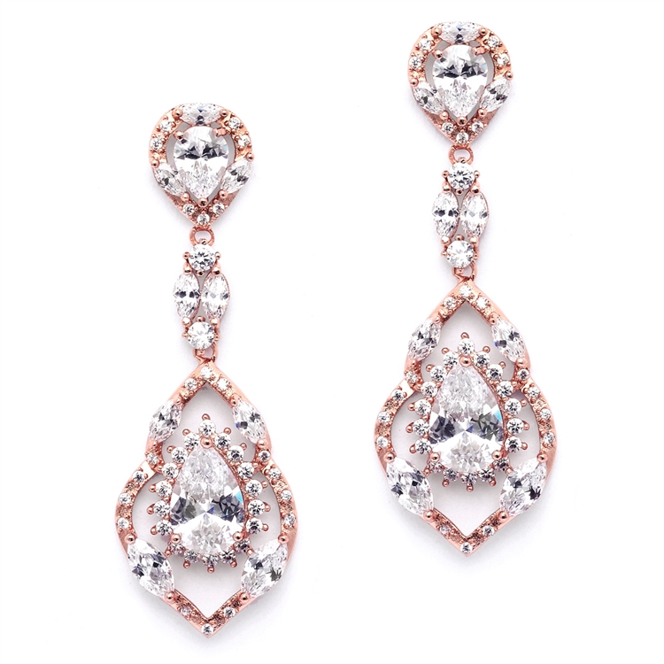 Rose Gold Cubic Zirconia Dangle Statement Earrings for Wedding or Prom<br>4018E-RG