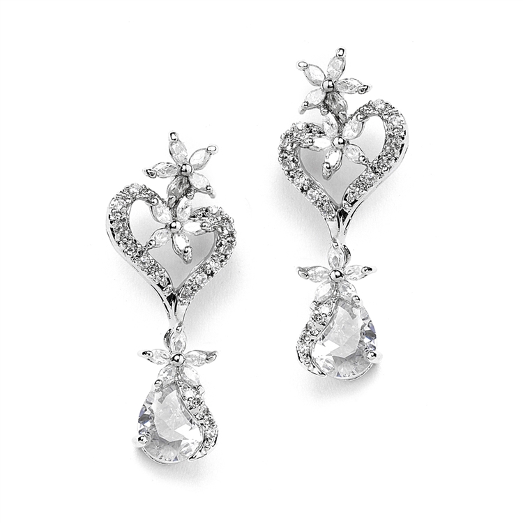 Cubic Zirconia Heart Shaped Wedding Earrings with Flowers and Pears<br>4040E